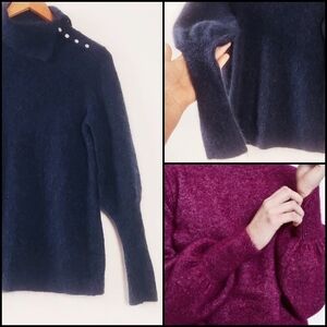 𝅺JUST FEMALE Navy Wool and Mohair Puffy Sleeve Sweater XS.